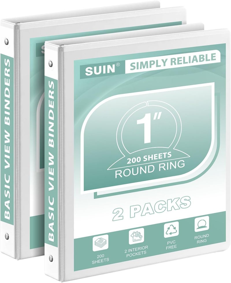 SUIN 1-Inch 3-Ring-Binder, Customizable Clear View Cover, for US Letter Size 8-1/2 x 11'', Perfect for Office/School (White - 2 Packs) - Image 1